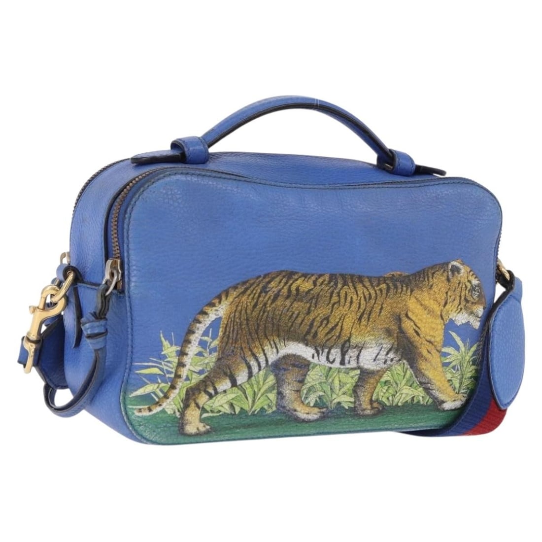 Gucci 453565 blue leather 2way handbag with tiger pattern strap: Gucci 453565 blue leather 2way handbag with tiger pattern strap Gucci 2way hand bag in blue and gold leather with a tiger pattern. It includes a shoulder strap and was made in Italy. The bag is heavil
