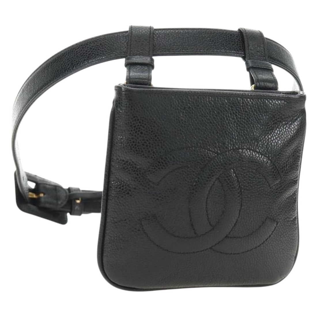 CHANEL Caviar Skin Waist Bag Black with Gold CC: CHANEL Caviar Skin Waist Bag Black with Gold CC Chanel waist bag in black caviar skin with gold-tone detailing. Made in Italy, this women's bag is offered without the original box or dust bag; only th