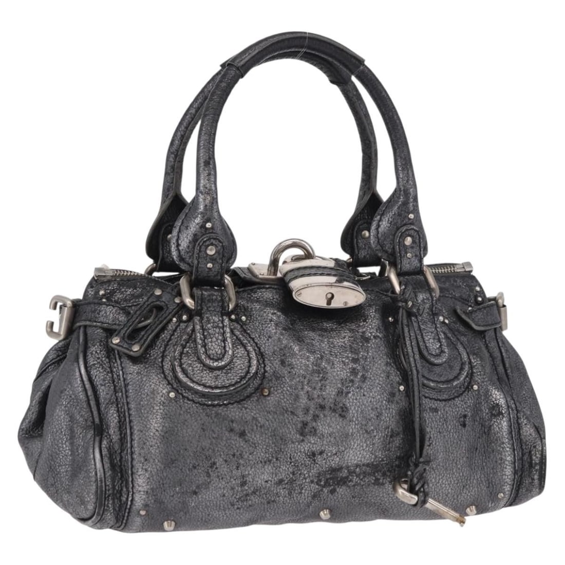Chloe Paddington Leather Handbag in Silver Made in Italy: Chloe Paddington Leather Handbag in Silver Made in Italy Chloe Paddington hand bag in leather with a silver exterior. Made in Italy, this women's bag measures approximately 35 cm wide, 17 cm high, and