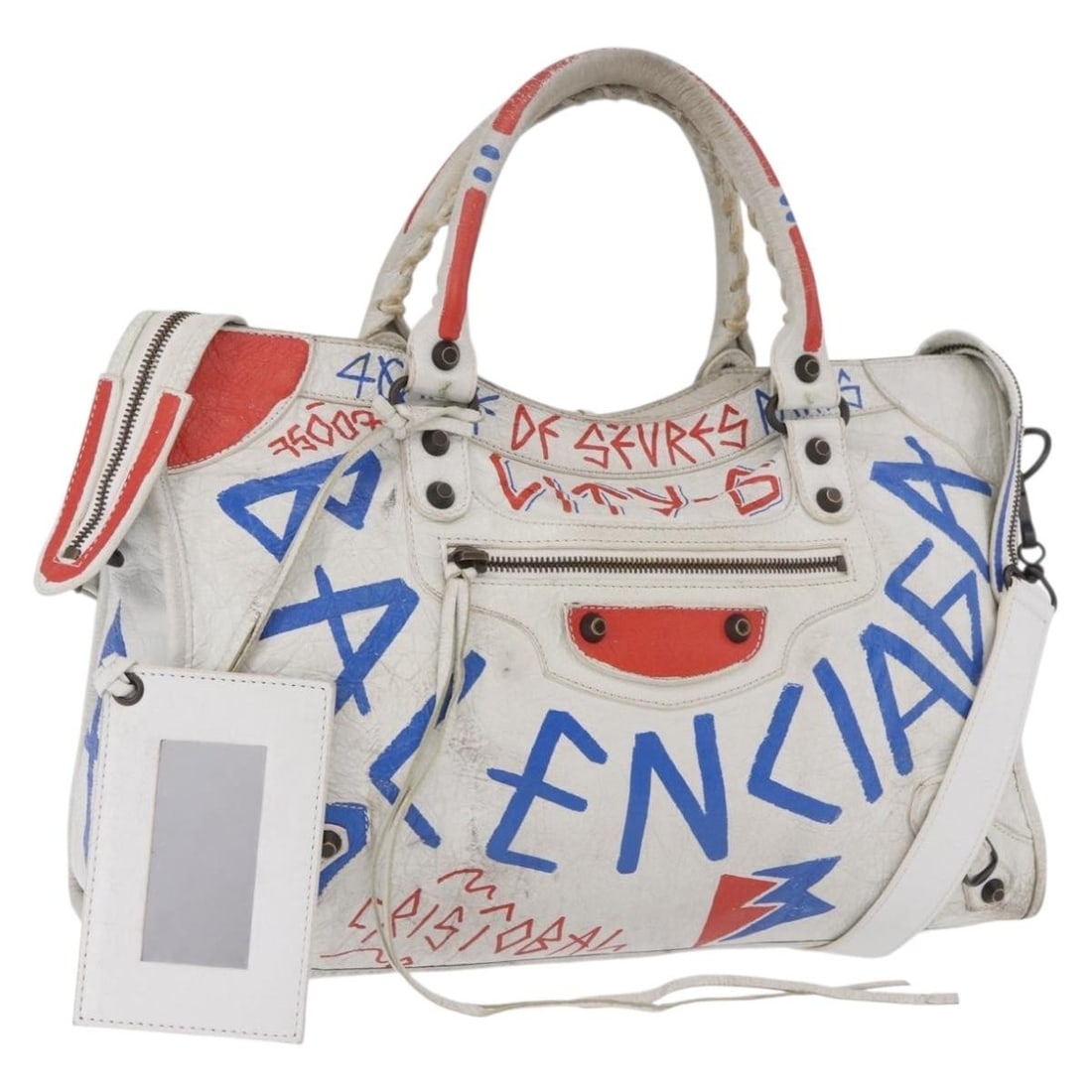 Balenciaga Classic Graffiti The City 2way Leather Handbag White: Balenciaga Classic Graffiti The City 2way Leather Handbag White Balenciaga Classic Graffiti The City handbag in white leather with a 2-way design. Made in Italy, it comes with a dust bag, shoulder str