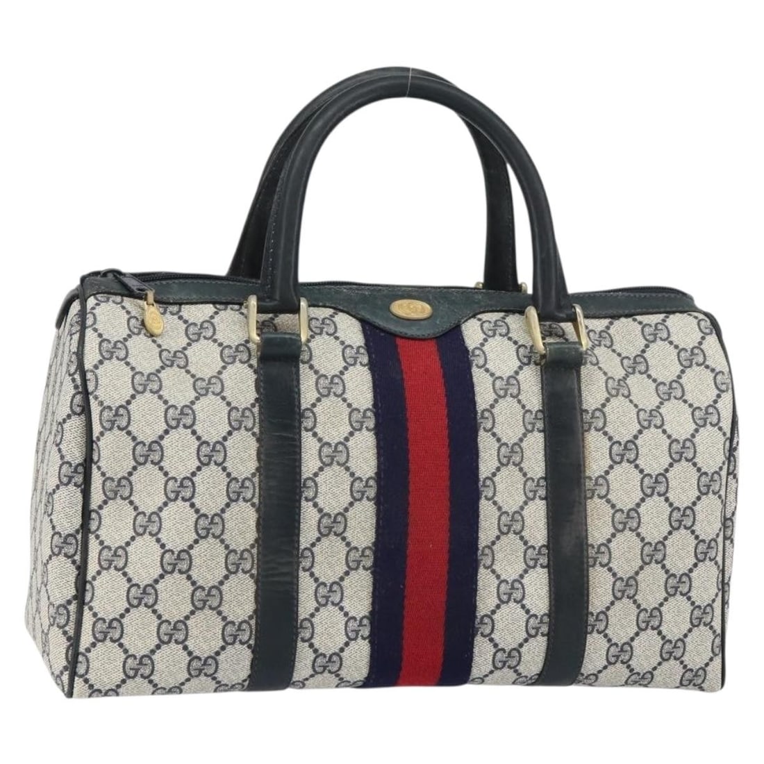 GUCCI GG Supreme Boston Bag PVC Navy Gold 010 378 Auth: GUCCI GG Supreme Boston Bag PVC Navy Gold 010 378 Auth The GUCCI GG Supreme Sherry Line Boston Bag is a stylish accessory made from durable PVC leather in a striking navy and gold color combination. T