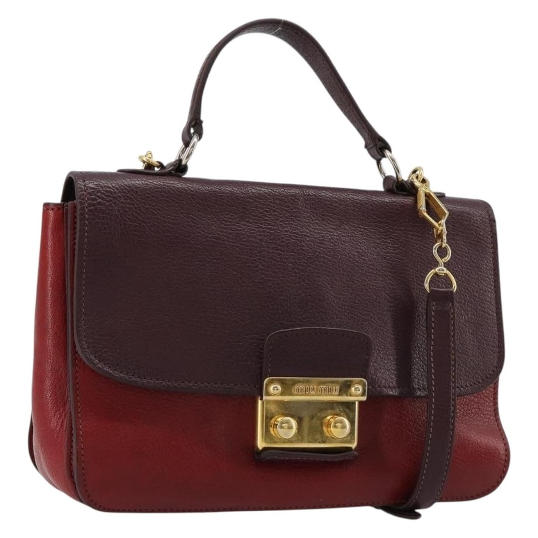 Miu Miu Red Leather 2way Handbag with Shoulder Strap: Miu Miu Red Leather 2way Handbag with Shoulder Strap A Miu Miu leather 2-way handbag in red and gold, offered with a shoulder strap. The bag is heavily used and shows visible wear, including out-of-sh