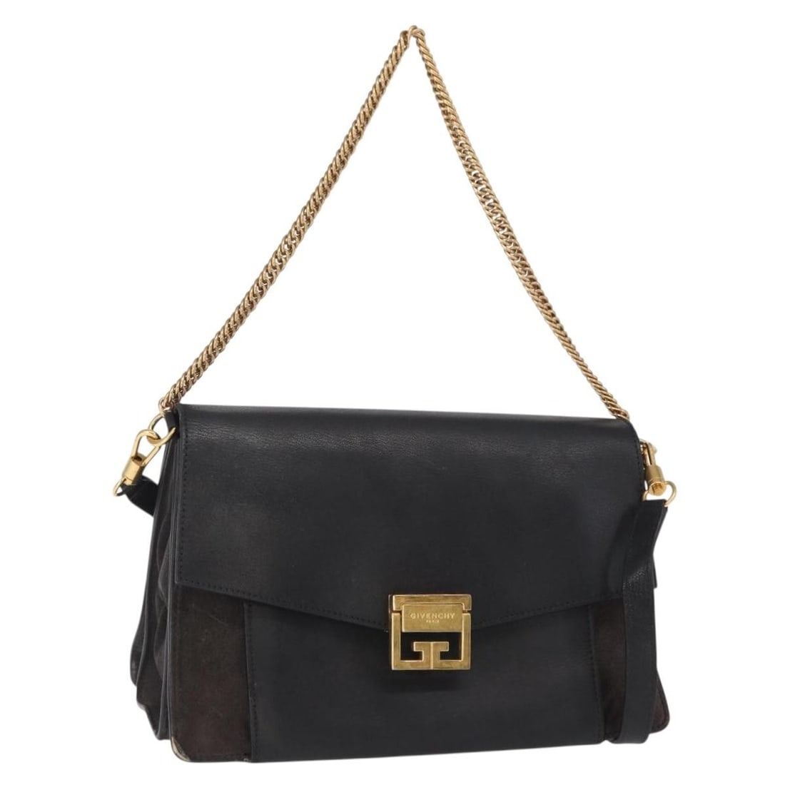 GIVENCHY Black Gold Leather Chain Shoulder Bag Italy Auth BA7680: GIVENCHY Black Gold Leather Chain Shoulder Bag Italy Auth BA7680 Elevate your style with this Givenchy Chain Shoulder Bag, crafted from premium leather in a sophisticated black and gold color scheme. 