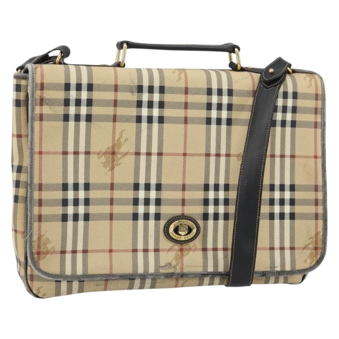 Beige PVC Nova Check Two Way Handbag with Strap by Burberrys: Beige PVC Nova Check Two Way Handbag with Strap by Burberrys This Burberrys Nova Check 2-way handbag features the iconic beige and gold check pattern in durable PVC leather. Designed for versatile use