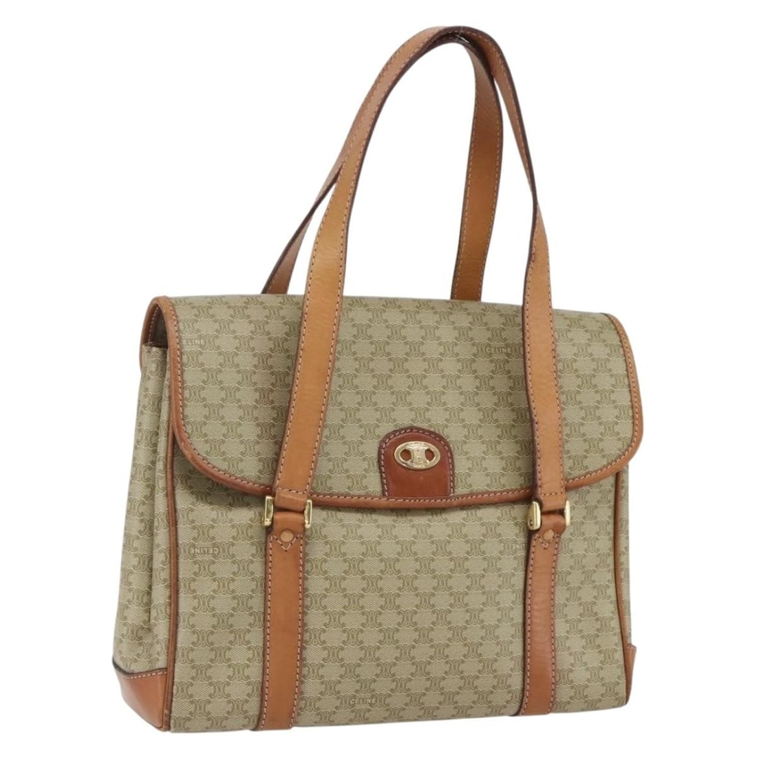 Celine Macadam PVC Canvas Handbag Beige Gold Tone Italy: Celine Macadam PVC Canvas Handbag Beige Gold Tone Italy A CELINE Macadam canvas hand bag in beige and gold, made from PVC leather and Macadam canvas. It features a handle drop of approximately 25 cm a