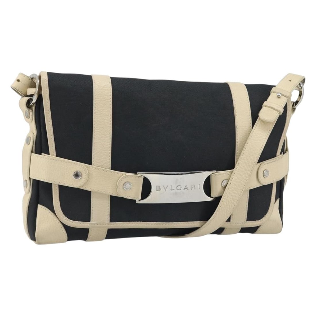 BVLGARI Womens Canvas Leather Shoulder Bag Black Ivory Silver: BVLGARI Womens Canvas Leather Shoulder Bag Black Ivory Silver Authentic BVLGARI shoulder bag in black, ivory, and silver canvas with leather trim. Made in Italy, this women's bag has a slim profile an
