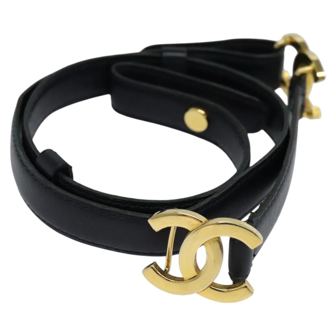 CHANEL Coco Mark Black Leather Belt Gold Tone 26.4in: CHANEL Coco Mark Black Leather Belt Gold Tone 26.4in CHANEL leather belt in black and gold, made in France. The belt measures approximately 26.4 inches in total length and 0.6 inches in width. It is o