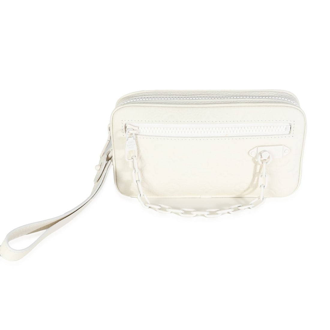 Louis Vuitton Pochette Volga White Taurillon Leather Clutch with Box Dustbag: Louis Vuitton Pochette Volga White Taurillon Leather Clutch with Box Dustbag Louis Vuitton Pochette Volga clutch in white monogram Taurillon leather. This pre-owned unisex bag features a zip-around cl