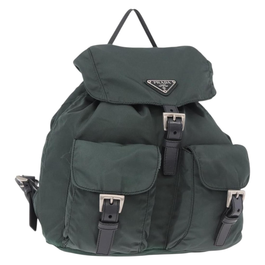PRADA Nylon Backpack in Green with Silver Tone Hardware: PRADA Nylon Backpack in Green with Silver Tone Hardware Prada backpack in green and silver nylon, made in Italy. This women's backpack comes with a guarantee card and has a heavily used condition with