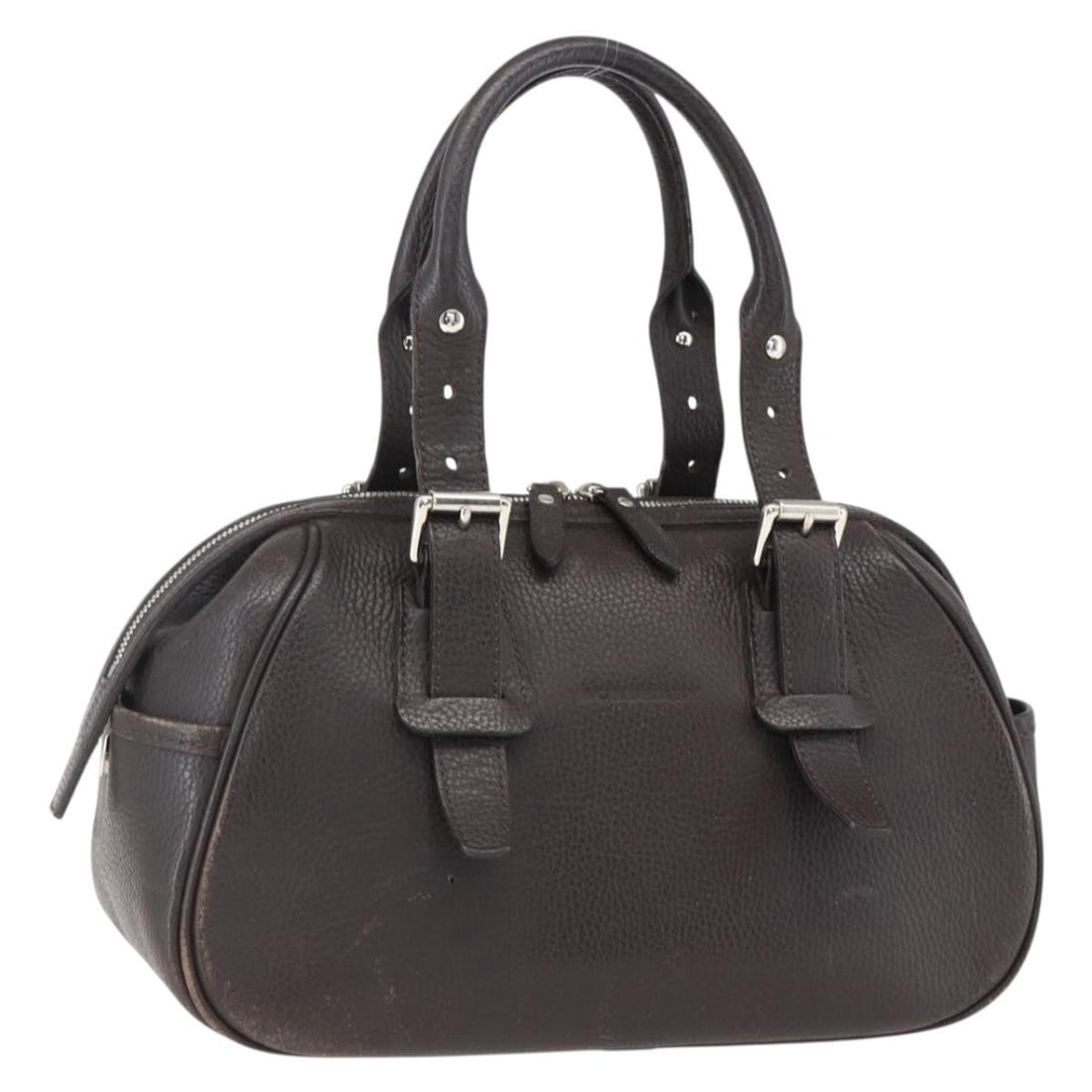 Brown Leather Handbag with Silver Details by Burberry: Brown Leather Handbag with Silver Details by Burberry This Burberry hand bag features brown leather with silver-tone accents. Made in Italy, the bag offers a practical design with a handle drop adjust