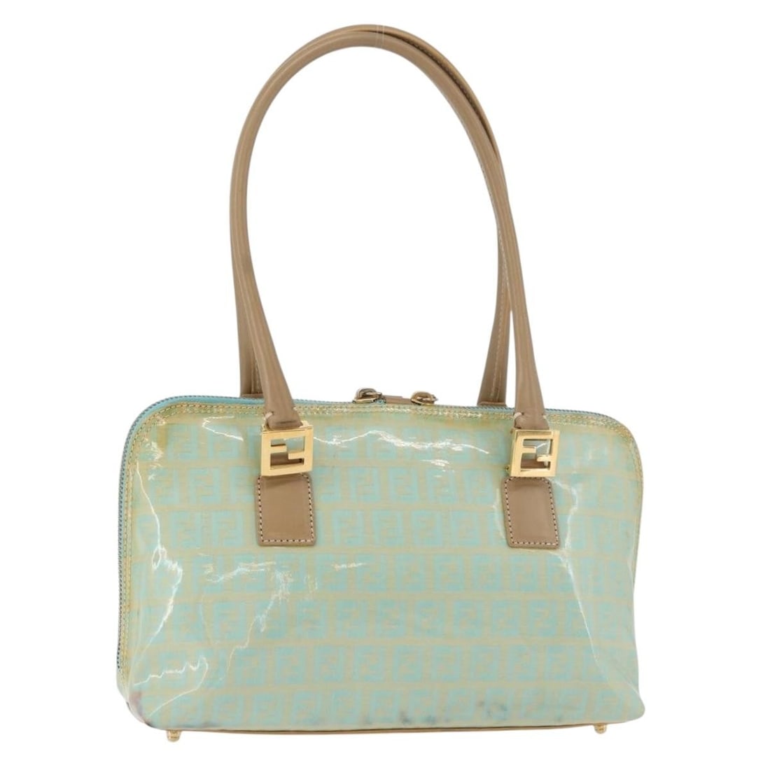 Fendi Zucchino Coated Canvas Green Gold Handbag Italy: Fendi Zucchino Coated Canvas Green Gold Handbag Italy This FENDI Zucchino Canvas handbag features a coated canvas exterior in green and gold tones. The bag has a structured silhouette with a top handl