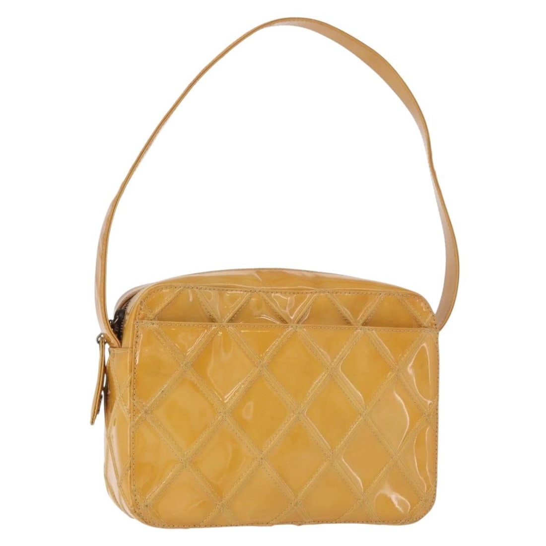 CHANEL Bicolore Patent Leather Shoulder Bag Yellow CC Italy: CHANEL Bicolore Patent Leather Shoulder Bag Yellow CC Italy A CHANEL bicolore shoulder bag in yellow patent leather, made in Italy. The bag is presented in heavily used condition with visible rubbing,