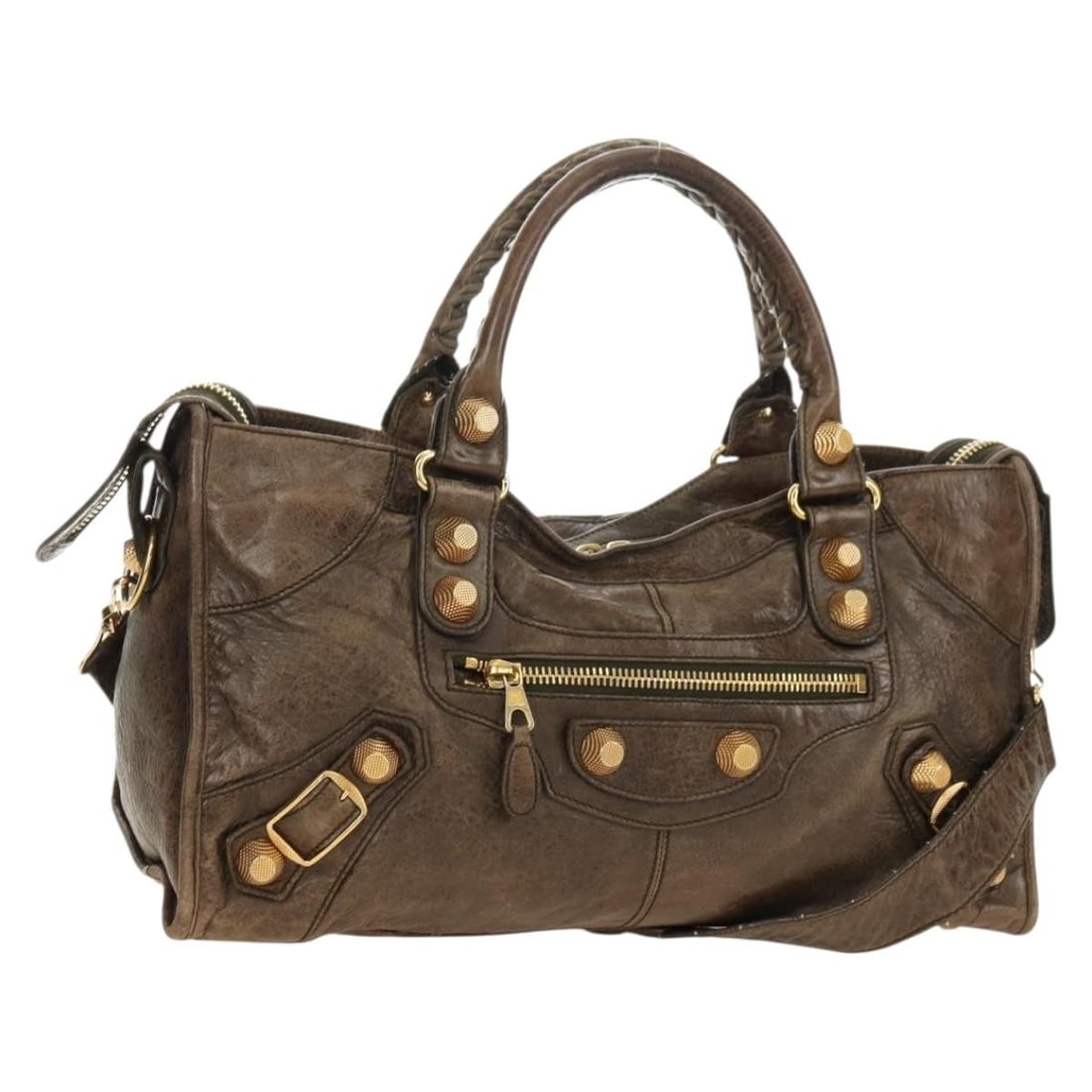 Balenciaga Giant Part Time 2way Leather Hand Bag Brown Gold: Balenciaga Giant Part Time 2way Leather Hand Bag Brown Gold Balenciaga The Giant Part Time handbag in brown and gold leather, made in Italy. This 2-way style comes with a shoulder strap and features t