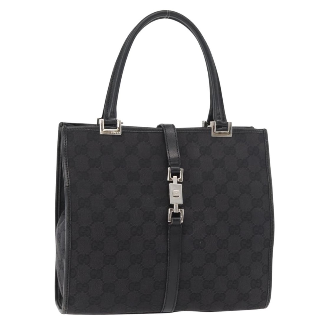 Gucci Jackie Black GG Canvas Leather Handbag Silver Tone 002 1065: Gucci Jackie Black GG Canvas Leather Handbag Silver Tone 002 1065 This Gucci Jackie handbag is crafted from leather and GG canvas in black and silver. It features a handbag style with a handle drop of