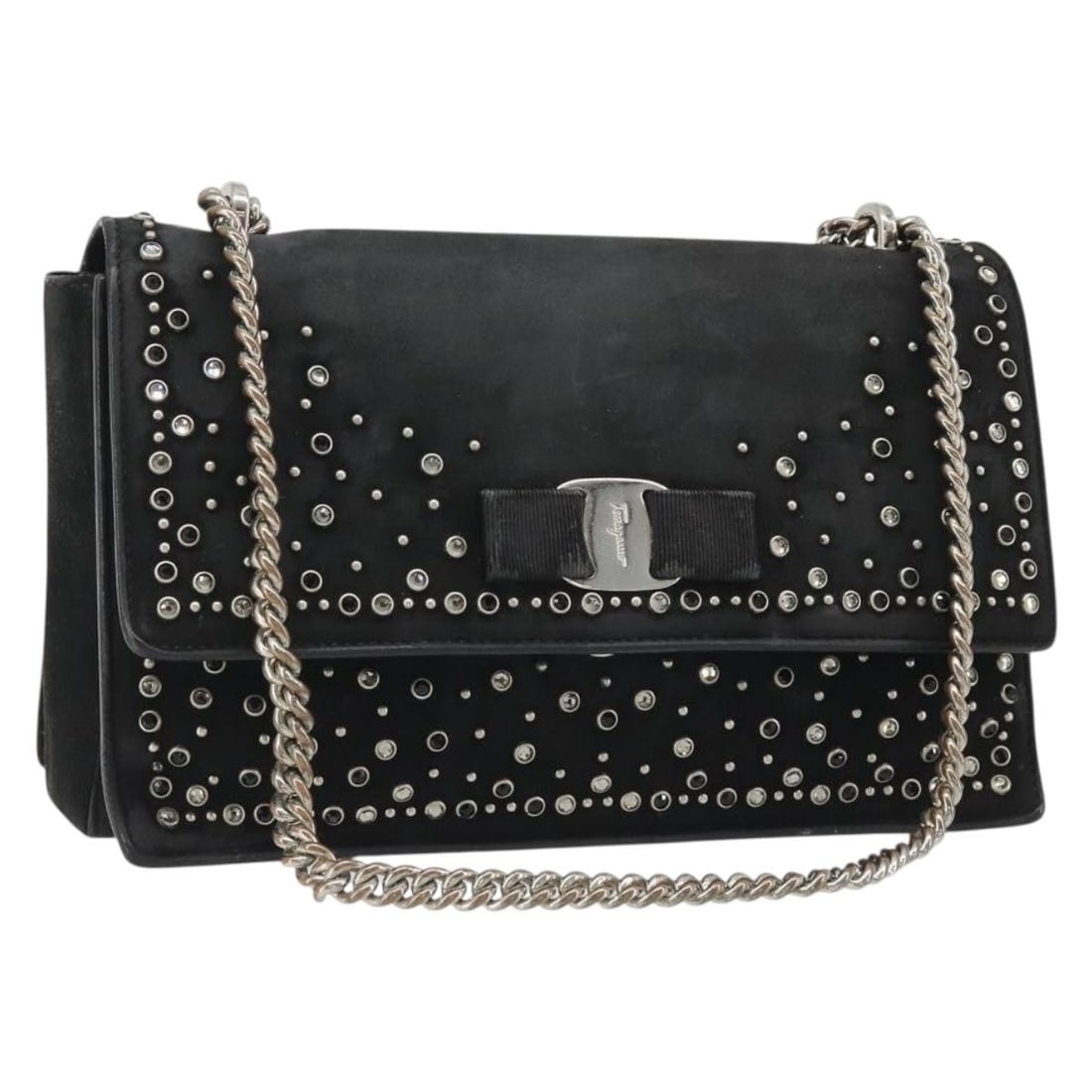 Black Suede Shoulder Bag Salvatore Ferragamo Vala Chain Silver Tone: Black Suede Shoulder Bag Salvatore Ferragamo Vala Chain Silver Tone Salvatore Ferragamo Vala chain shoulder bag in black suede with silver-tone accents. This women's shoulder bag is made in Italy and 