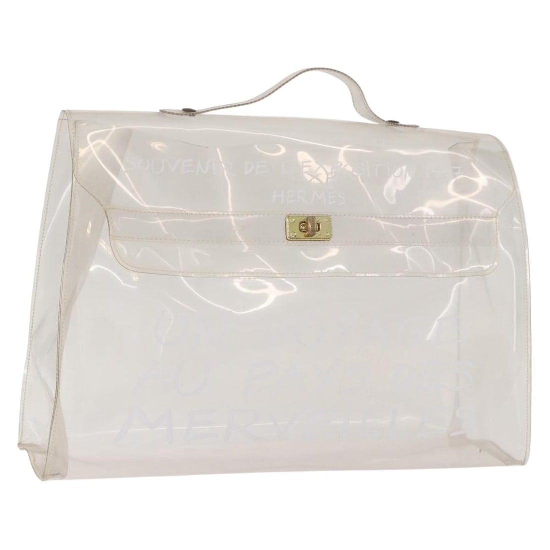 Hermes Kelly Clear Vinyl Handbag Auth 184747: Hermes Kelly Clear Vinyl Handbag Auth 184747 Clear vinyl hand bag in the Kelly style. The item is described as heavily used, with noted wear including surface out of shape, rubbing, sun burn, discolor