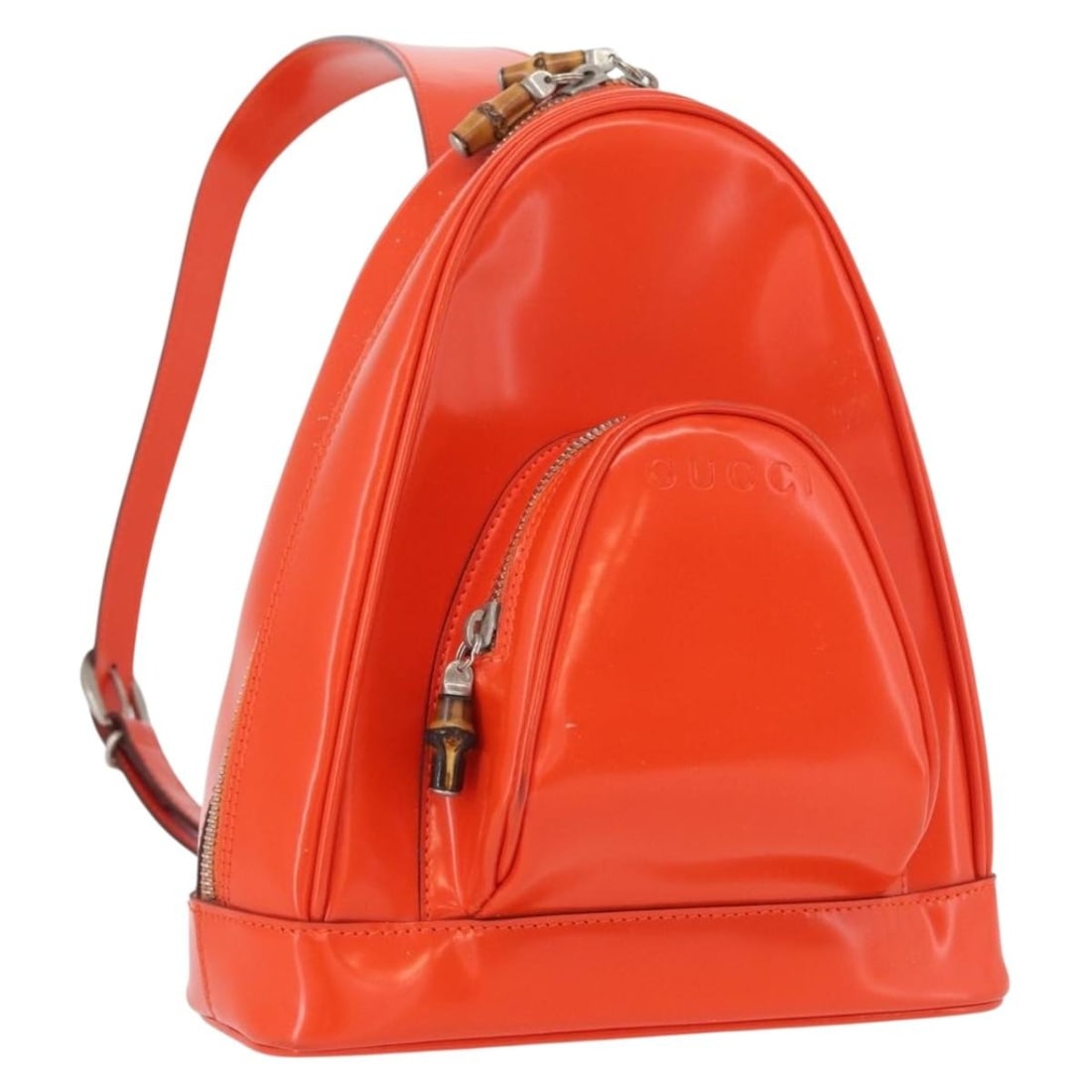 Gucci Bamboo Patent Leather Orange Silver Shoulder Bag 003 1998 0127: Gucci Bamboo Patent Leather Orange Silver Shoulder Bag 003 1998 0127 This GUCCI Bamboo shoulder bag is crafted from orange patent leather with silver-tone accents. Designed for women, it features a st