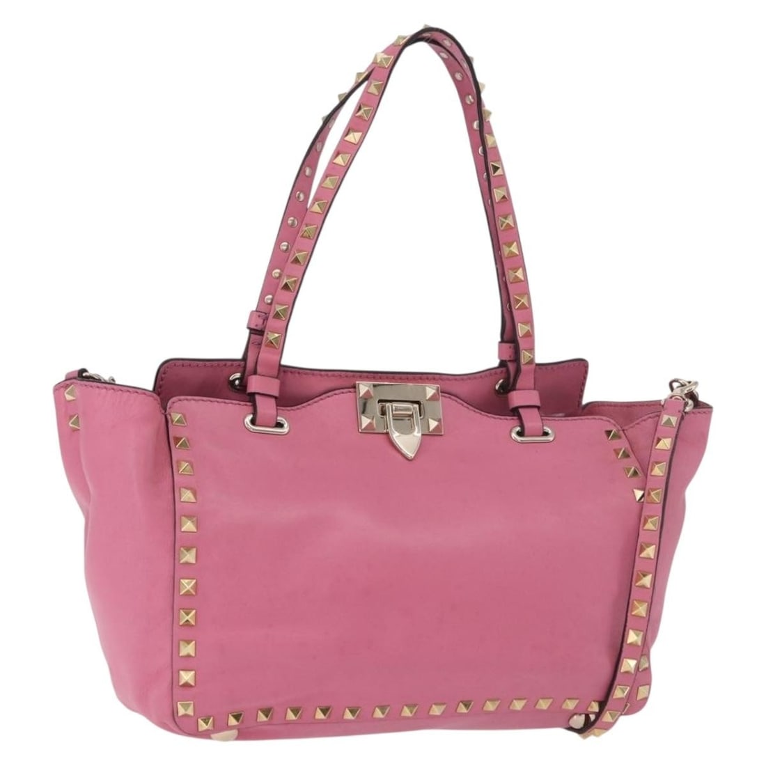Valentino Leather 2way Tote Bag Pink with Shoulder Strap: Valentino Leather 2way Tote Bag Pink with Shoulder Strap Valentino 2way tote bag in pink leather with gold-tone metal fittings. It comes with a shoulder strap and was made in Italy. The bag shows heav