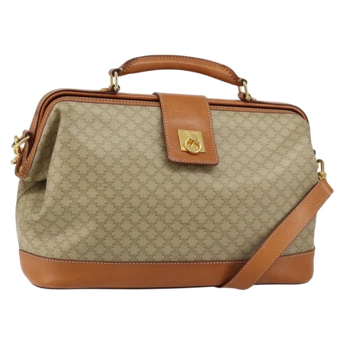 Celine Beige Macadam PVC Canvas Two Way Handbag with Gold Accents: Celine Beige Macadam PVC Canvas Two Way Handbag with Gold Accents This CELINE Macadam Hand Bag features a two-way design crafted from PVC leather and Macadam canvas in beige and gold tones. The bag in