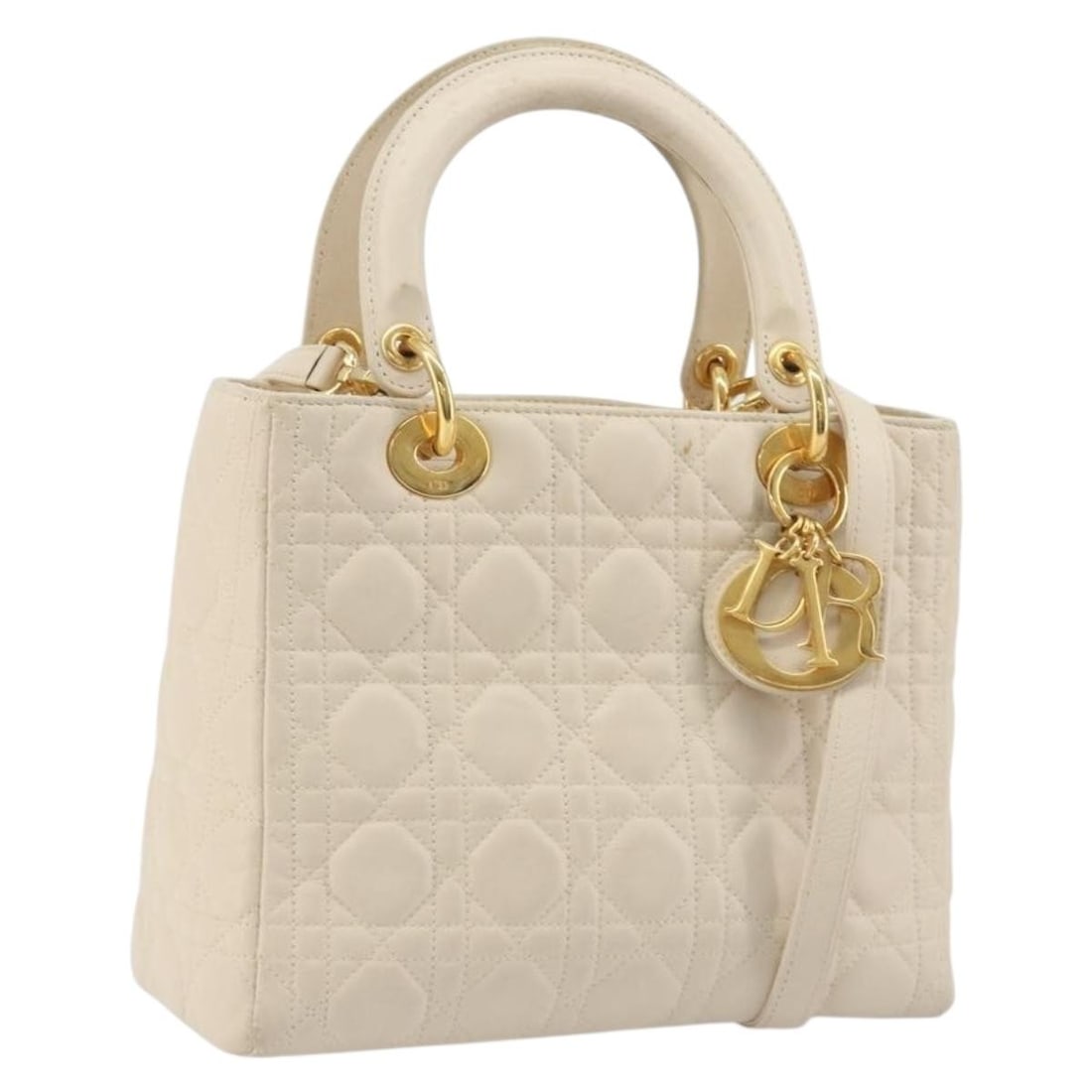 Christian Dior Lady Dior lambskin 2way handbag white gold tone: Christian Dior Lady Dior lambskin 2way handbag white gold tone Christian Dior Lady Dior Canage hand bag in lamb skin with a white and gold color scheme. This 2-way bag is made in Italy and comes with 