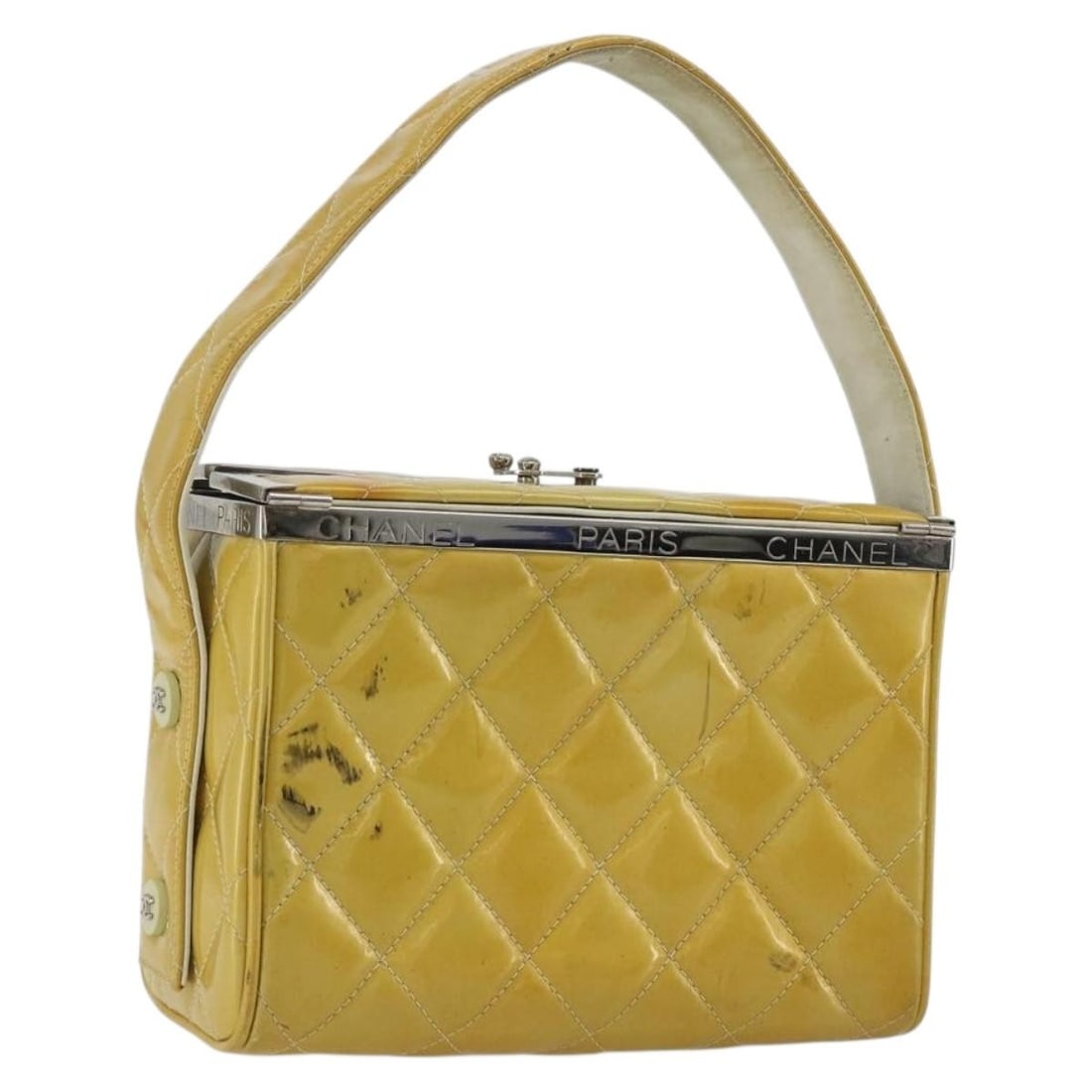 CHANEL Vanity Patent Leather Hand Bag Yellow Silver CC: CHANEL Vanity Patent Leather Hand Bag Yellow Silver CC CHANEL vanity hand bag in yellow and silver patent leather. The bag measures approximately W18 cm x H14 cm x D9 cm, with a handle drop of approxi