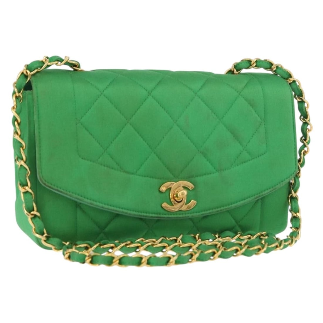 CHANEL Diana 23 satin shoulder bag green with gold CC: CHANEL Diana 23 satin shoulder bag green with gold CC Chanel Diana 23 Matelasse chain shoulder bag in green satin with gold-tone CC detailing. Made in France, this women's shoulder bag includes the du