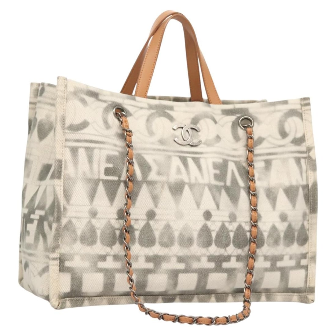 CHANEL Gray Canvas 2way Tote Bag with Chain Strap: CHANEL Gray Canvas 2way Tote Bag with Chain Strap CHANEL chain tote bag in gray canvas, made in Italy. This women's tote bag features a 2-way design with both handle and shoulder strap carry options. 