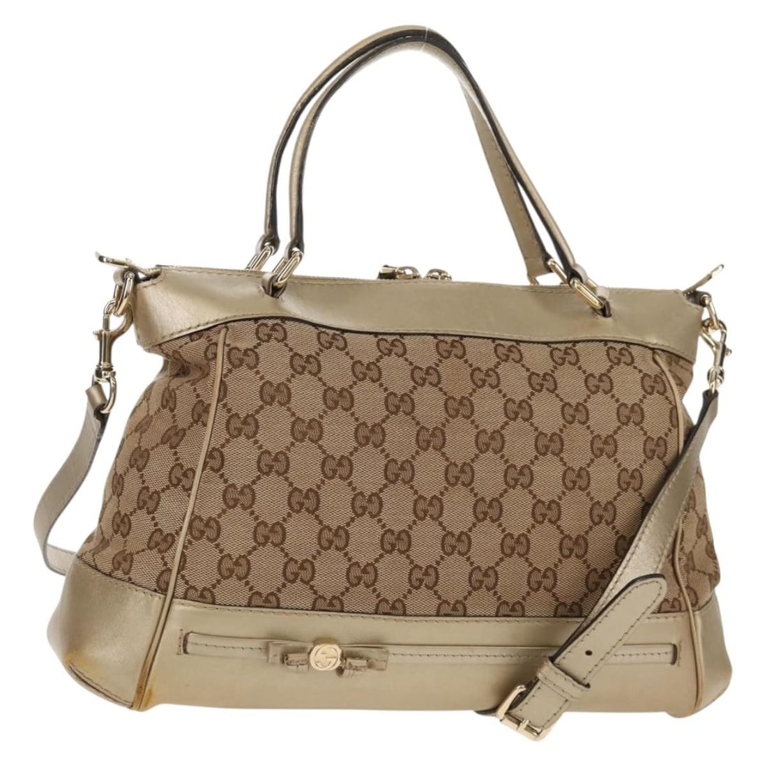 Gucci 269894 GG Canvas 2way Handbag Beige Gold with Shoulder Strap: Gucci 269894 GG Canvas 2way Handbag Beige Gold with Shoulder Strap GUCCI 2-way hand bag in beige and gold GG Canvas, made in Italy. It comes with a shoulder strap and features both handle and shoulder
