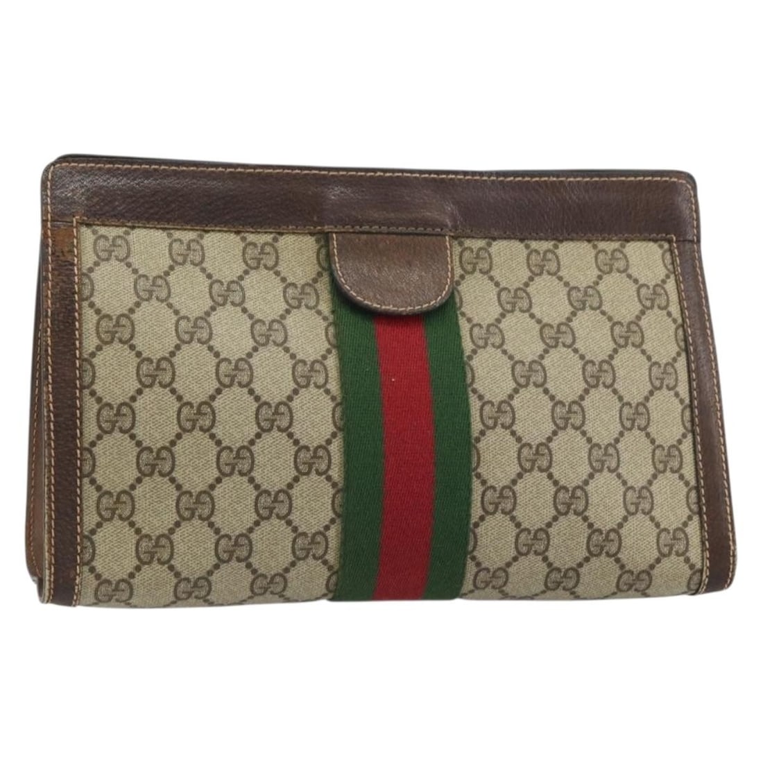 Gucci GG Supreme Web Sherry Line Beige Red PVC Clutch 37 014 2125: Gucci GG Supreme Web Sherry Line Beige Red PVC Clutch 37 014 2125 This is a Gucci GG Supreme Web Sherry Line clutch bag crafted from beige and red PVC leather with GG canvas detailing. Made in Italy, 
