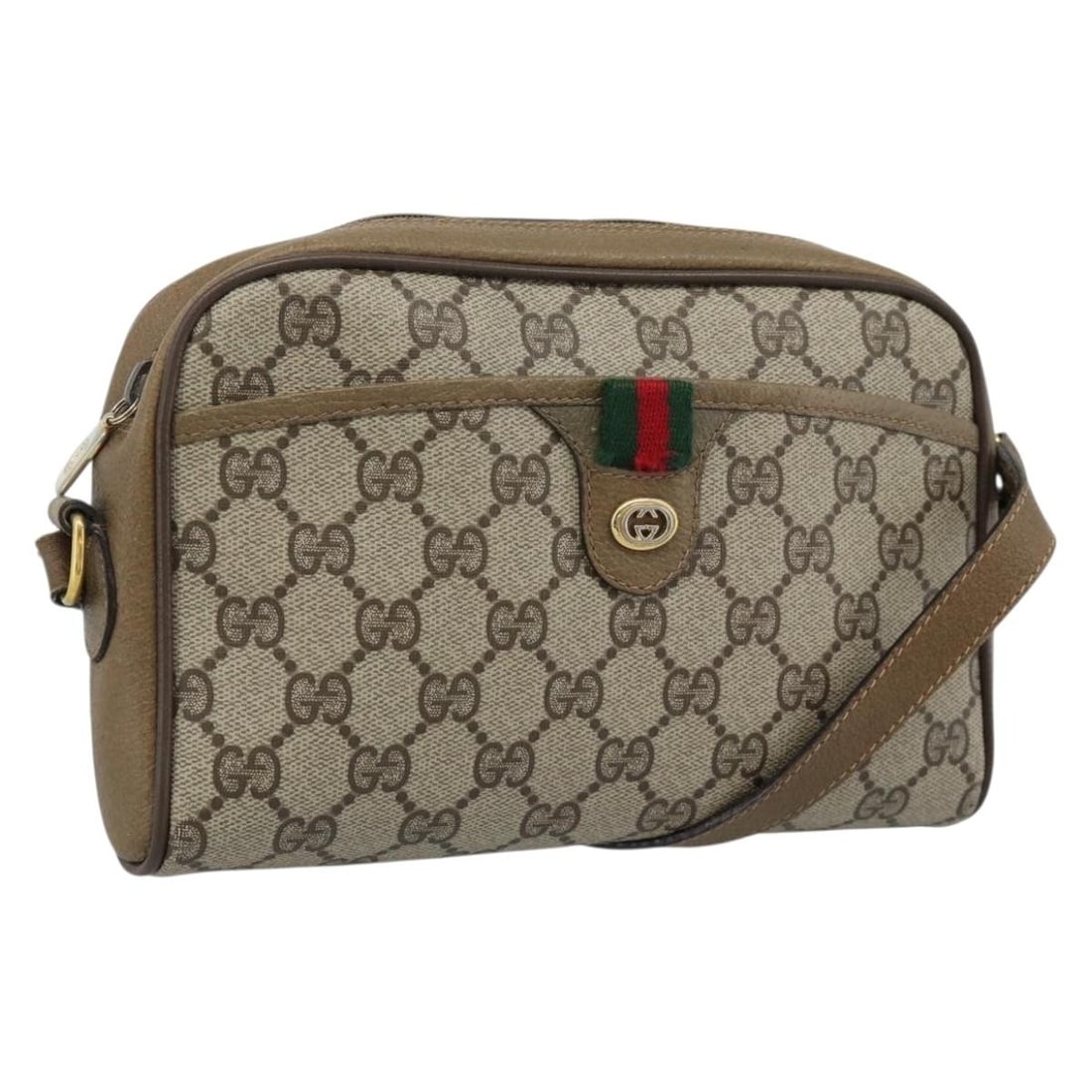 Gucci 116 02 089 GG Supreme PVC Shoulder Bag Beige Gold: Gucci 116 02 089 GG Supreme PVC Shoulder Bag Beige Gold A Gucci GG Supreme Web Sherry Line shoulder bag in beige and gold, made from PVC leather and GG canvas. It measures approximately W21 x H13 x D4