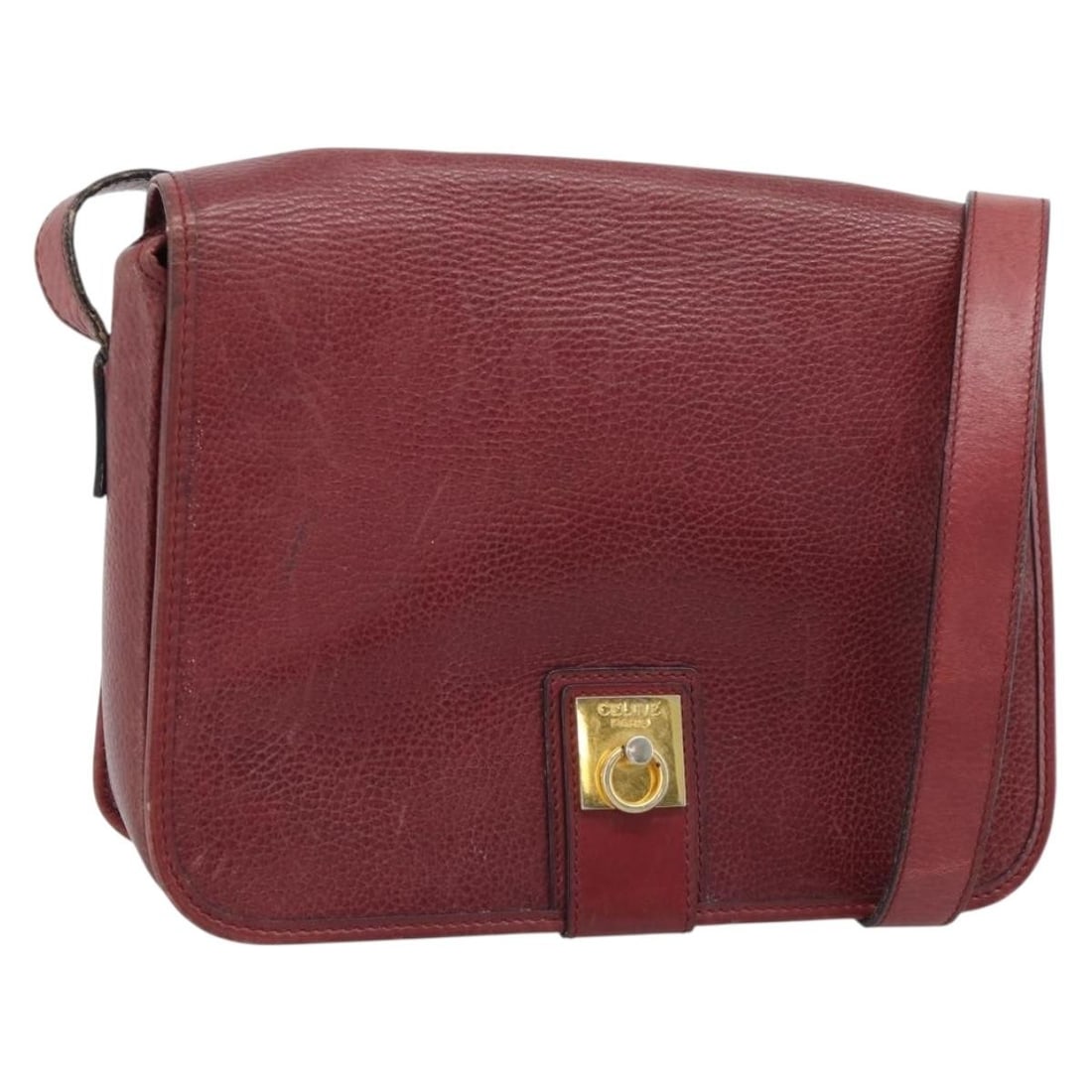 CELINE Leather Shoulder Bag in Bordeaux with Gold Tone Hardware: CELINE Leather Shoulder Bag in Bordeaux with Gold Tone Hardware CELINE shoulder bag in leather with a Bordeaux and gold color combination. Made in Italy, this women's bag measures approximately 26 cm 