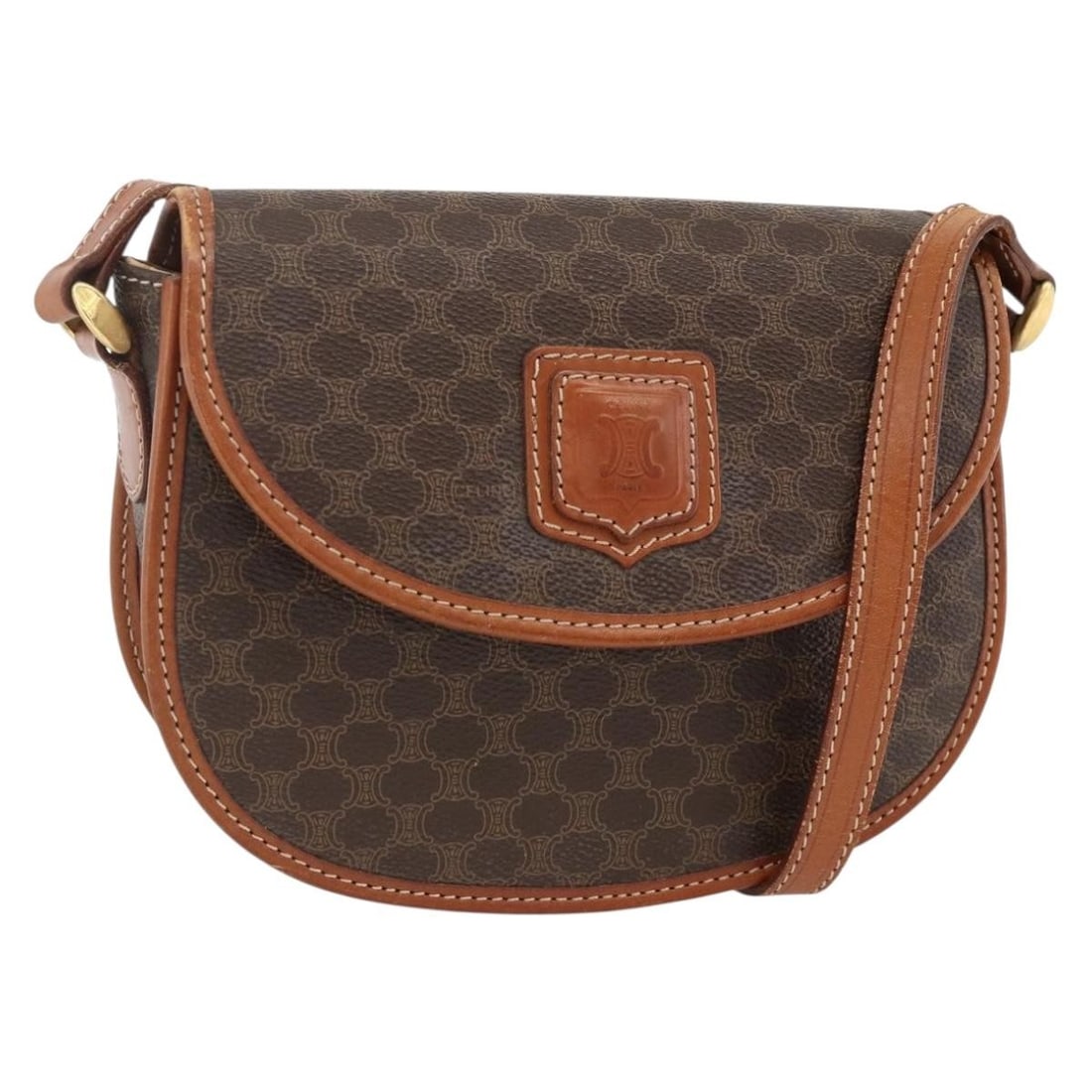 CELINE Macadam Shoulder Bag Brown PVC Leather Gold Tone: CELINE Macadam Shoulder Bag Brown PVC Leather Gold Tone A CELINE Macadam canvas shoulder bag in brown and gold, made in Italy. The bag is crafted from PVC leather and Macadam canvas, and features a sh