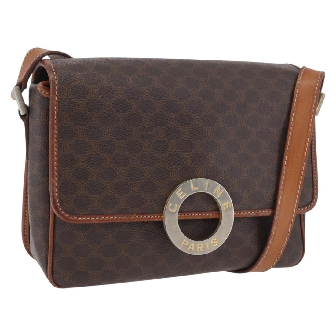 CELINE Macadam Circle Shoulder Bag Brown PVC Leather Gold Tone: CELINE Macadam Circle Shoulder Bag Brown PVC Leather Gold Tone This CELINE Macadam Canvas Circle Shoulder Bag is made of PVC leather and Macadam canvas in a brown and gold color combination. It is a w