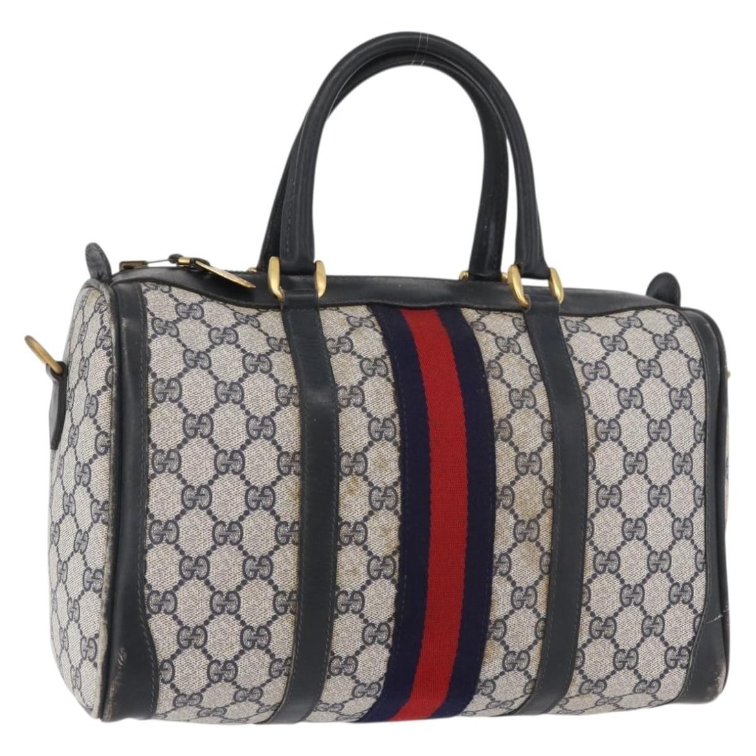 Gucci Sherry Line GG Supreme PVC Boston Bag Navy Gold 176471: Gucci Sherry Line GG Supreme PVC Boston Bag Navy Gold 176471 A Gucci Sherry Line Boston bag in navy and gold, made from PVC leather and GG canvas. This pre-owned bag was made in Italy and features a B