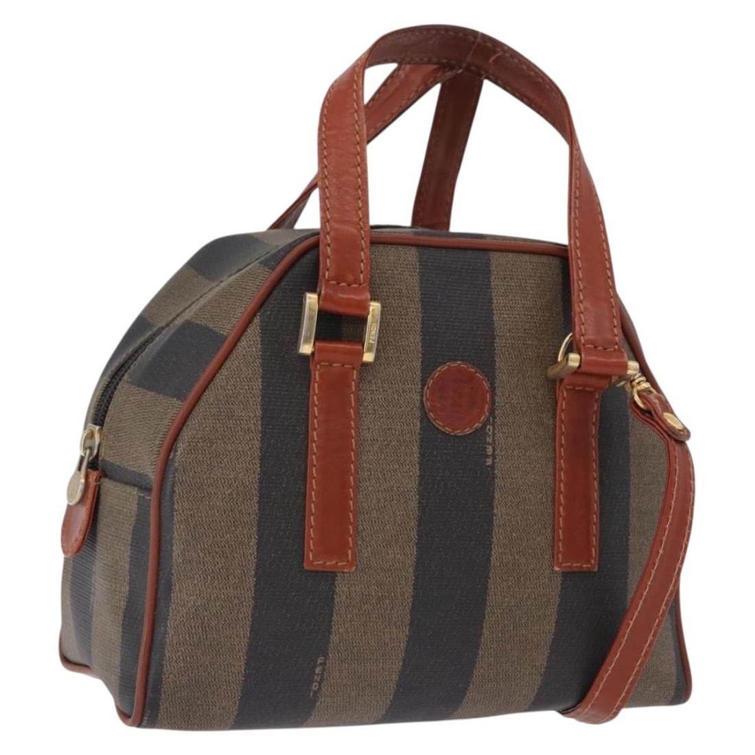 Fendi Pequin Canvas 2way Handbag Black Brown PVC Leather Strap: Fendi Pequin Canvas 2way Handbag Black Brown PVC Leather Strap FENDI hand bag in black and brown PVC leather and Pequin canvas, designed as a 2-way style with a shoulder strap accessory. Made in Italy