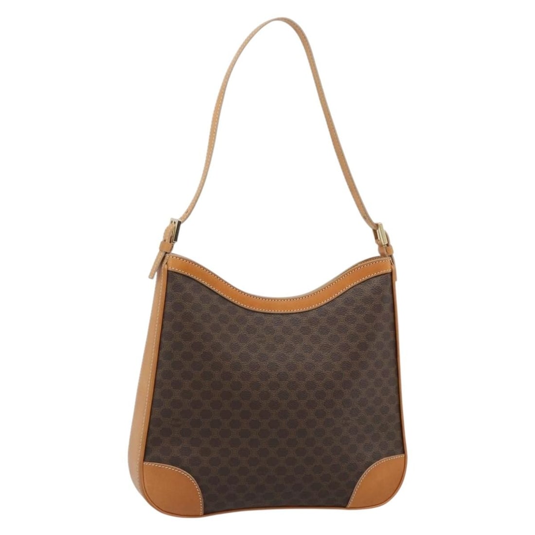 CELINE Macadam Canvas PVC Leather Shoulder Bag Brown Gold: CELINE Macadam Canvas PVC Leather Shoulder Bag Brown Gold Celine Macadam canvas shoulder bag in brown with gold-tone accents, crafted with PVC leather trim. Made in Italy, this women's shoulder bag in