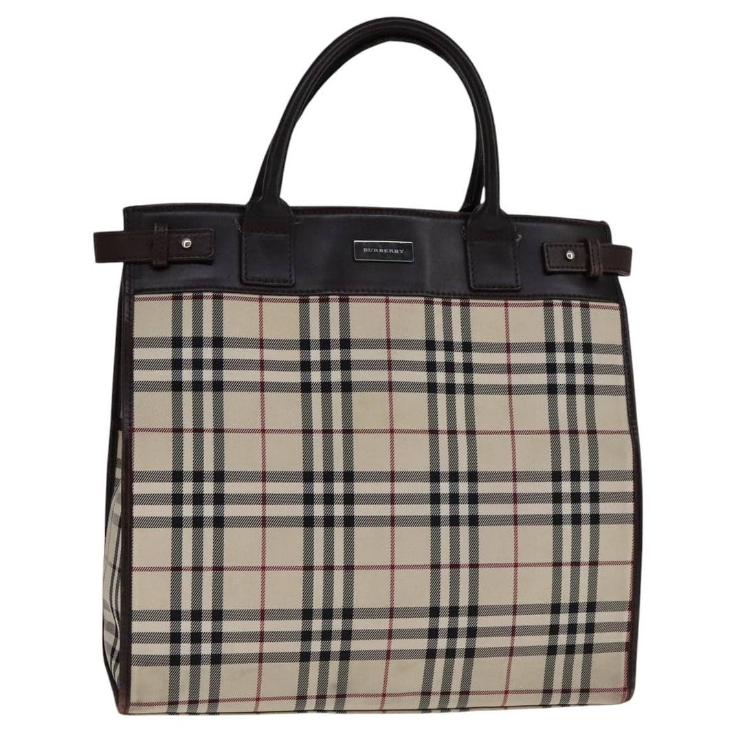 Burberry Canvas Nova Check Beige Brown Silver Handbag with Leather Trim: Burberry Canvas Nova Check Beige Brown Silver Handbag with Leather Trim This BURBERRY Nova Check hand bag for women features a classic beige, brown, and silver color scheme with a canvas exterior and 