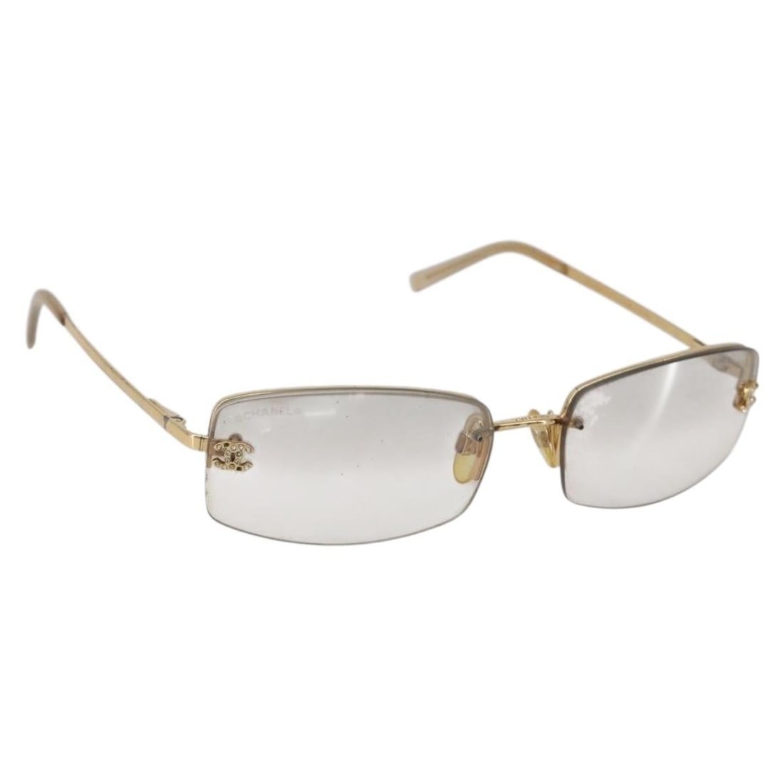 CHANEL Coco Mark Metal Sunglasses Gold Tone CC Italy: CHANEL Coco Mark Metal Sunglasses Gold Tone CC Italy CHANEL women's sunglasses in gold tone metal, made in Italy. The item comes with a sunglass case. Condition is heavily used, with surface rubbing a