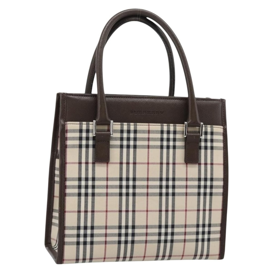 Burberry Nova Check Canvas Handbag Black Silver Tone: Burberry Nova Check Canvas Handbag Black Silver Tone Burberry Nova Check hand bag in black and silver canvas. The bag measures approximately 22 cm W x 21 cm H x 10 cm D, with a handle drop of approxim