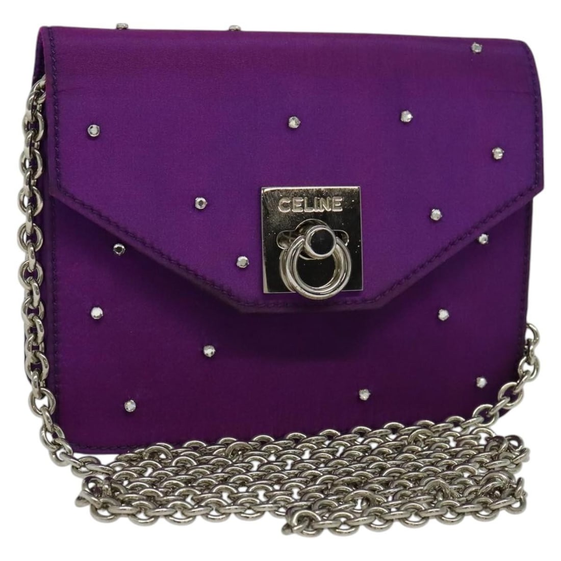 CELINE Purple Nylon Chain Strap Shoulder Bag Made in Italy: CELINE Purple Nylon Chain Strap Shoulder Bag Made in Italy CELINE chain shoulder bag in purple nylon, made in Italy. The bag measures approximately 15 cm wide, 12 cm high, and 4 cm deep. It is a heavi