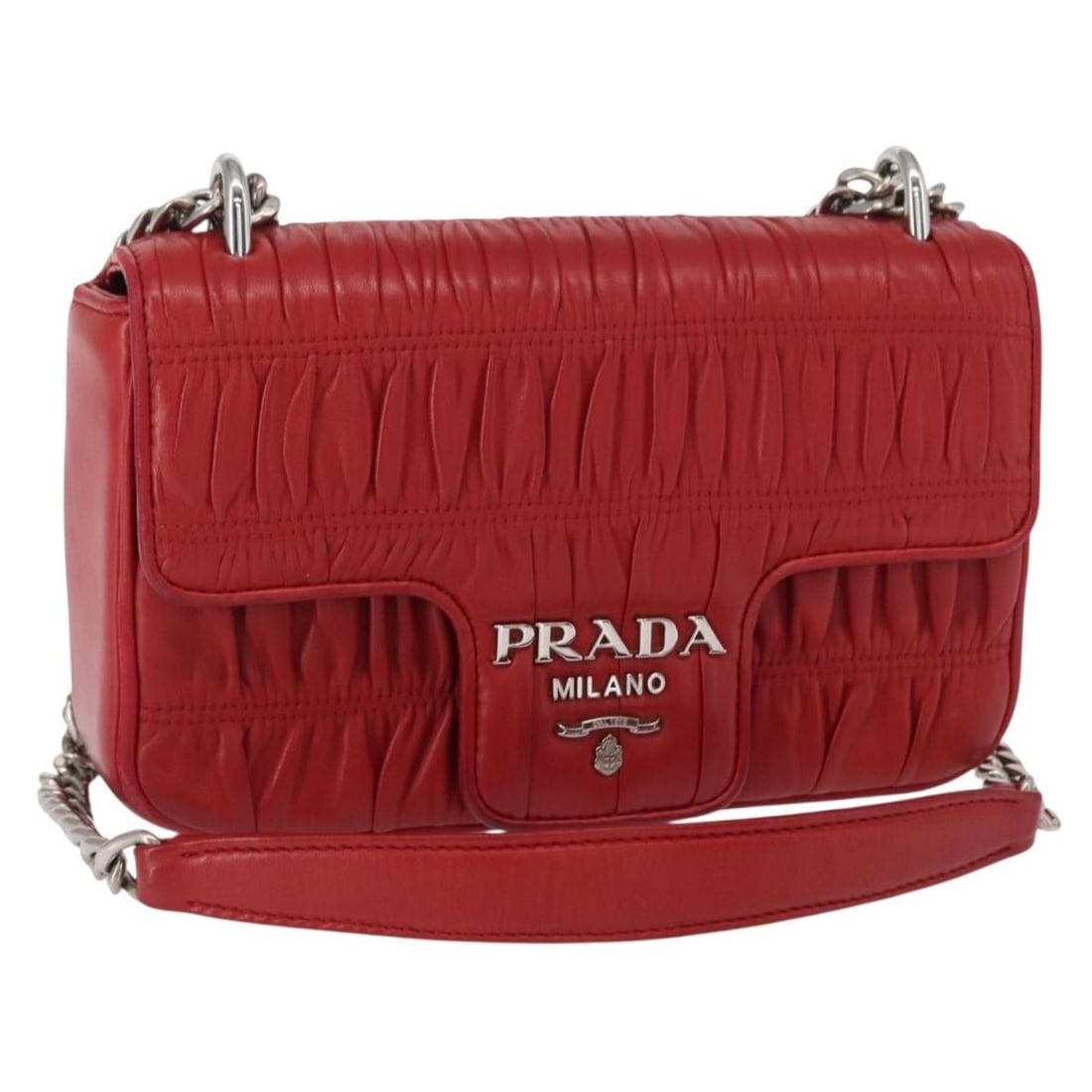 PRADA Red Silver Leather Chain Shoulder Bag Auth 157786: PRADA Red Silver Leather Chain Shoulder Bag Auth 157786 Introducing the PRADA Chain Nappa Goful Shoulder Bag, an exquisite blend of style and functionality. Crafted in Italy, this stunning shoulder ba