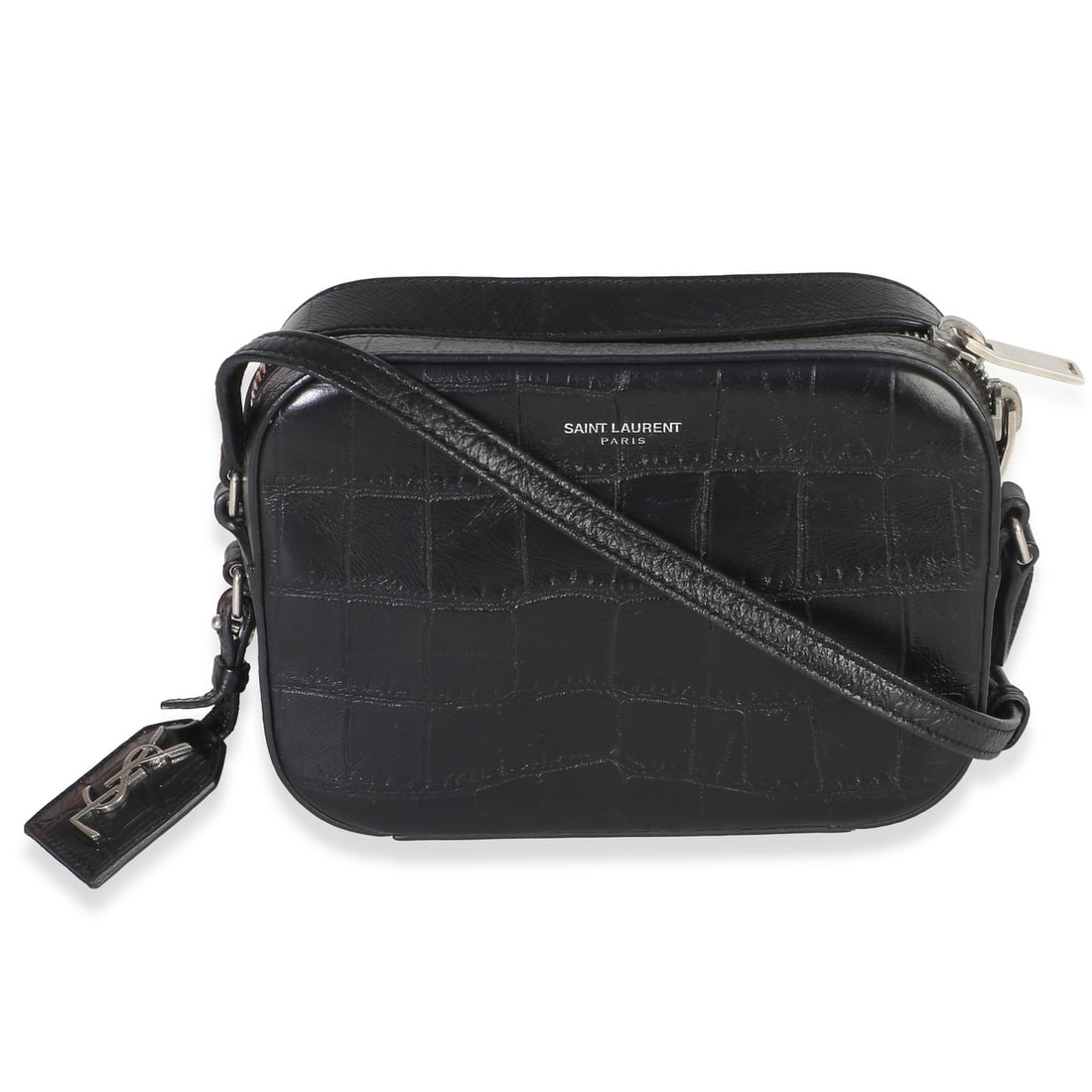Saint Laurent Mini Camera Bag Black Crocodile Embossed Calfskin: Saint Laurent Mini Camera Bag Black Crocodile Embossed Calfskin This Saint Laurent Mini Camera Bag is crafted from black crocodile-embossed calfskin, offering a luxurious and distinctive look. The com