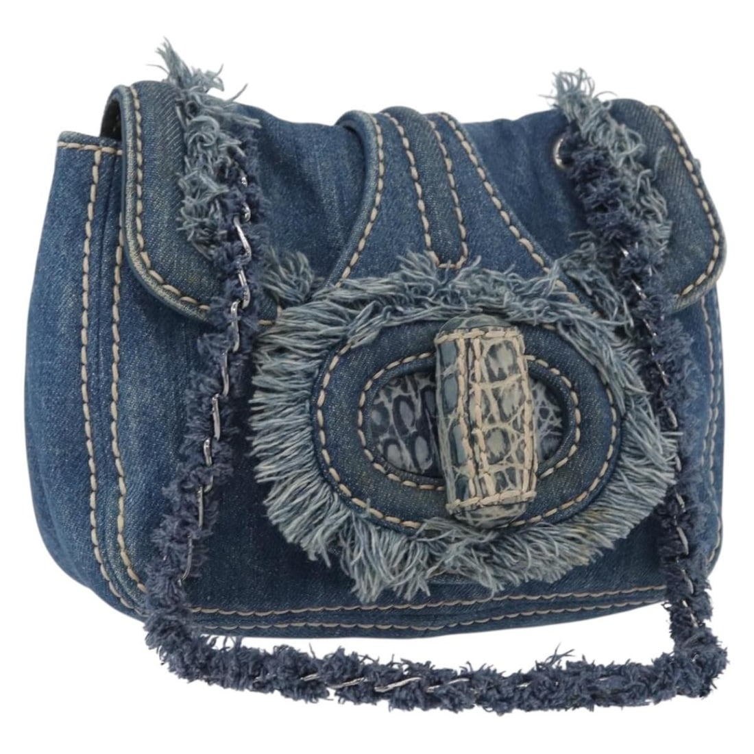 PRADA denim canvas shoulder bag with chain strap blue silver: PRADA denim canvas shoulder bag with chain strap blue silver Authentic Prada chain shoulder bag in blue canvas with silver-tone accents. This women's shoulder bag is made in Italy and includes only th