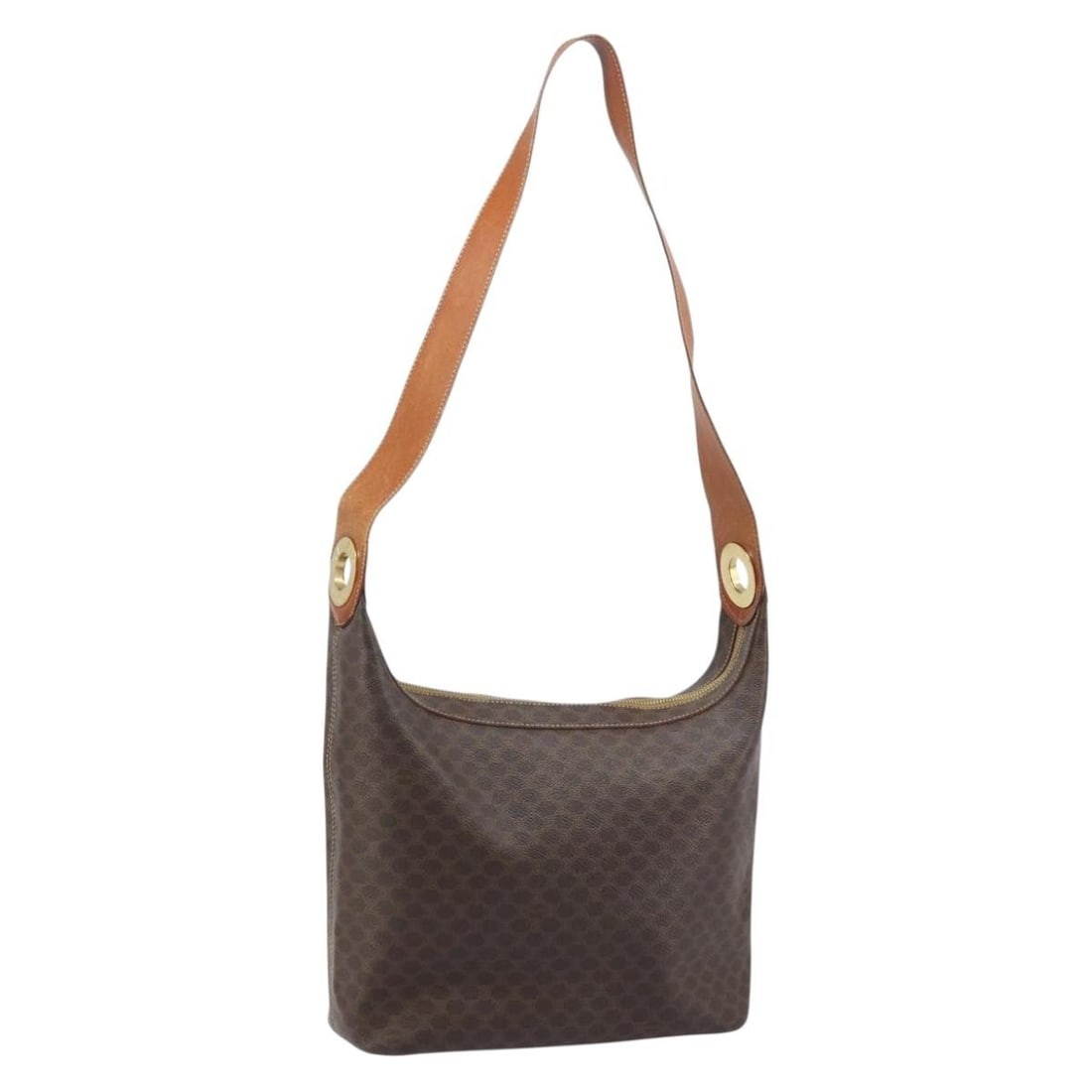 Celine Shoulder Bag Macadam Pattern Brown PVC Leather Gold Tone Accents: Celine Shoulder Bag Macadam Pattern Brown PVC Leather Gold Tone Accents This CELINE Macadam Canvas shoulder bag features a brown and gold color scheme with PVC leather and signature Macadam canvas ext