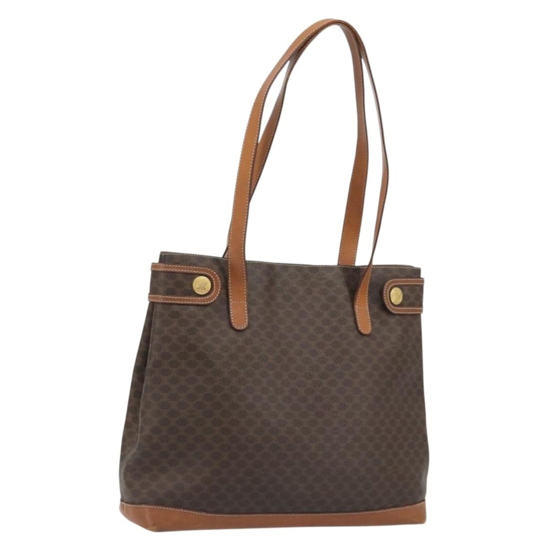 Celine Macadam Brown PVC Leather Tote Handbag Gold Tone: Celine Macadam Brown PVC Leather Tote Handbag Gold Tone A brown and gold CELINE tote bag in Macadam canvas and PVC leather, made in Italy. The bag has a structured tote style with a handle drop of app