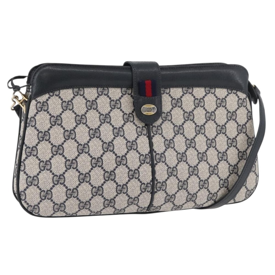 Gucci 904 02 043 GG Supreme Sherry Shoulder Bag Navy Gold PVC Leather: Gucci 904 02 043 GG Supreme Sherry Shoulder Bag Navy Gold PVC Leather This Gucci shoulder bag is crafted from PVC leather and GG canvas in a navy and gold color combination. Made in Italy, it features