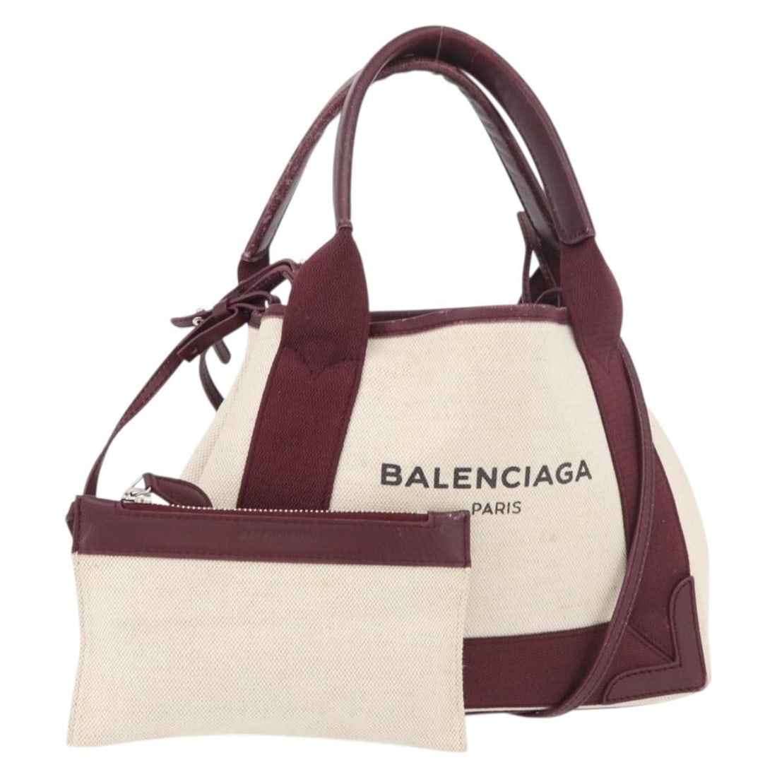 Balenciaga Cabas XS Canvas 2way Handbag Bordeaux Silver 390346: Balenciaga Cabas XS Canvas 2way Handbag Bordeaux Silver 390346 Balenciaga Cabas XS handbag in canvas with a Bordeaux and silver color combination. This 2-way style comes with a dust bag, shoulder stra