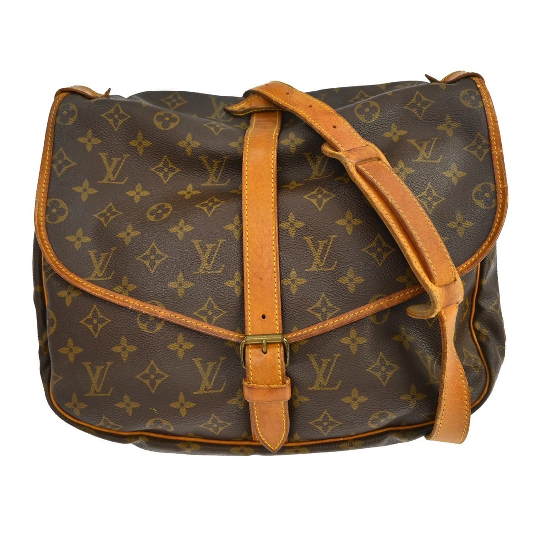 Louis Vuitton Saumur 35 Monogram Canvas Crossbody Shoulder Bag M42254: Louis Vuitton Saumur 35 Monogram Canvas Crossbody Shoulder Bag M42254 Vintage Louis Vuitton Saumur 35 shoulder bag in brown Monogram canvas with leather trim and a crossbody strap. This unisex bag fea
