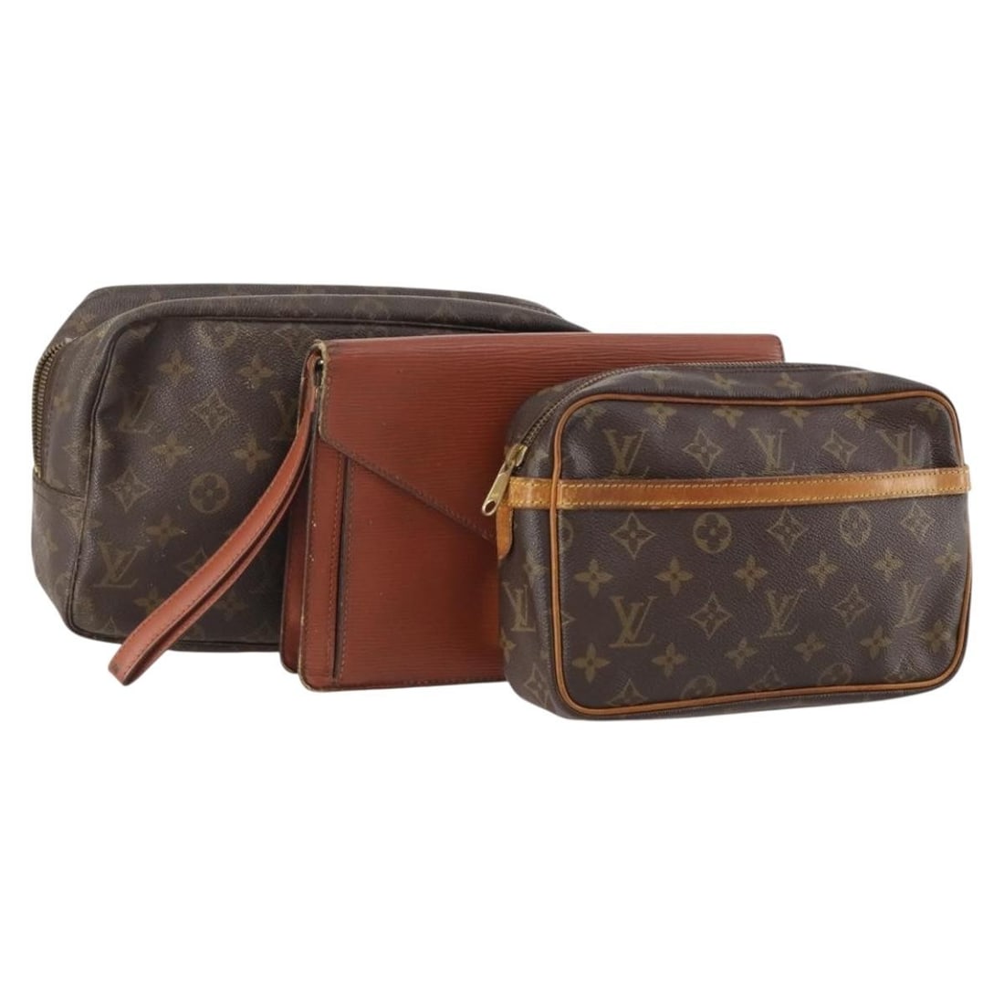 Set of 3 Louis Vuitton monogram canvas clutch bags brown: Set of 3 Louis Vuitton monogram canvas clutch bags brown Set of three Louis Vuitton clutch bags in Monogram canvas with a brown exterior. This women's set is offered as a special set listing and inclu