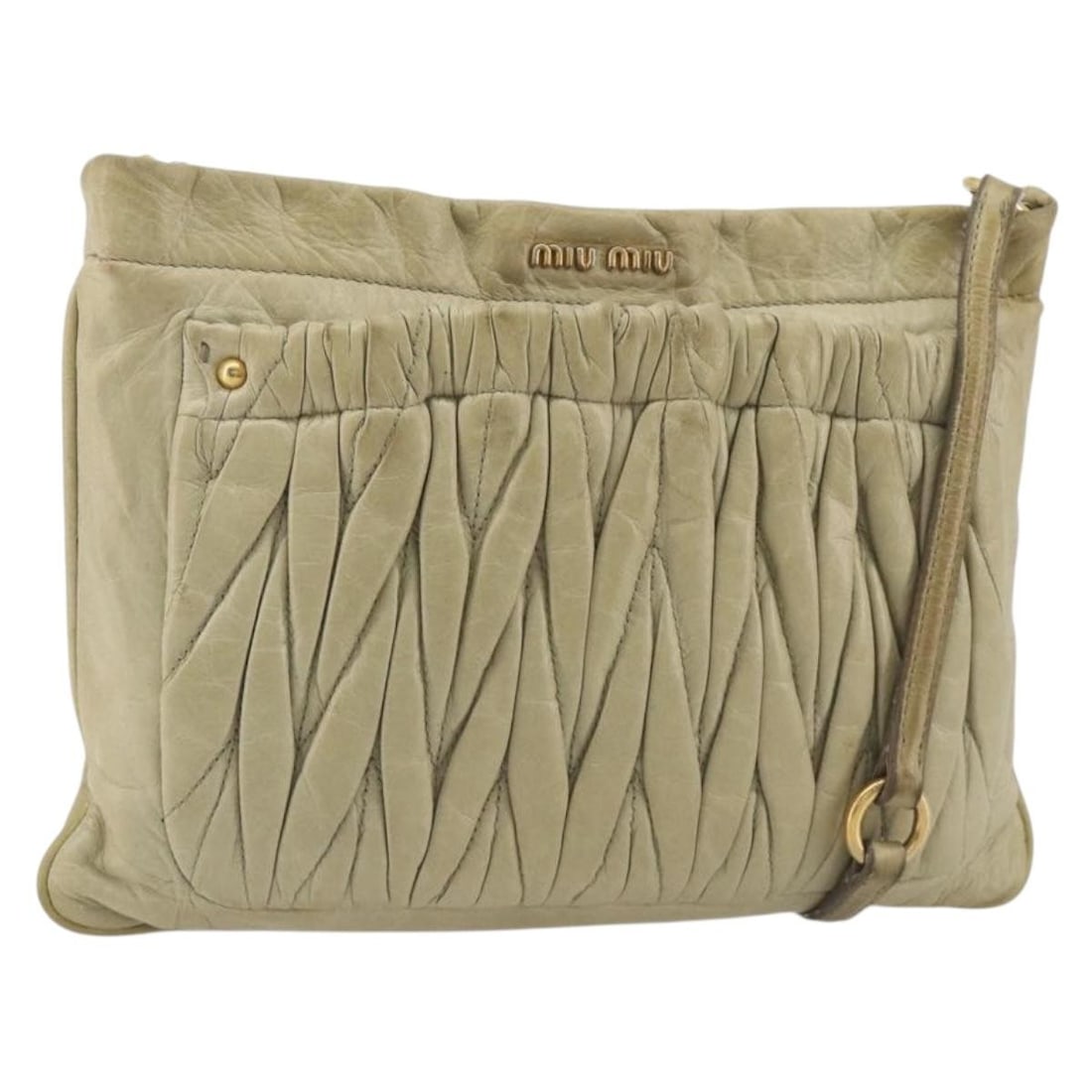 Miu Miu Matelasse Leather Shoulder Bag Beige Gold Tone: Miu Miu Matelasse Leather Shoulder Bag Beige Gold Tone This Miu Miu Matelasse shoulder bag is crafted in beige leather with gold-tone accents. It features a shoulder strap with an approximate drop of 